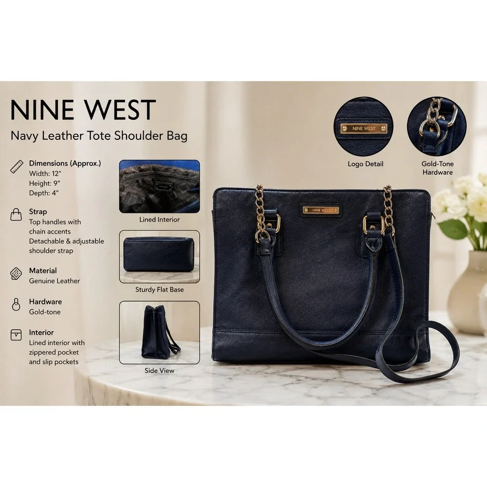 Nine West Navy‎ Blue Pebbled Faux Leather Tote Crossbody Handbag Gold Hardware